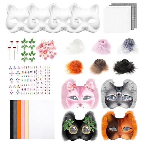 Skeadex Therian Mask DIY Set,Tiermasken zum Bemalen,Furry Katzenmaske mit Blanko Katzenmaske Kunstpelz Augennetz Filztuch Aufkleber,Tiermasken Therian Mask für Halloween Karneval Maskerade (A) von Skeadex