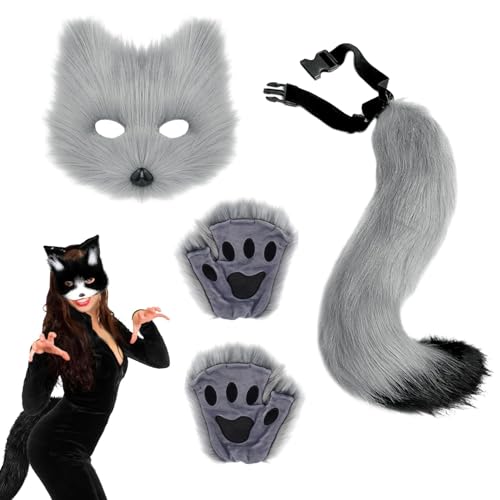 Skeadex Therian Mask mit Tail Handschuhe, 4er Katzenmaske Cosplay Kostüm Set, Tiermasken Furry Mask Set mit Therian Tail, Plüsch Fuchs Maske Therian Masken für Halloween Karneval Cosplay (C) von Skeadex