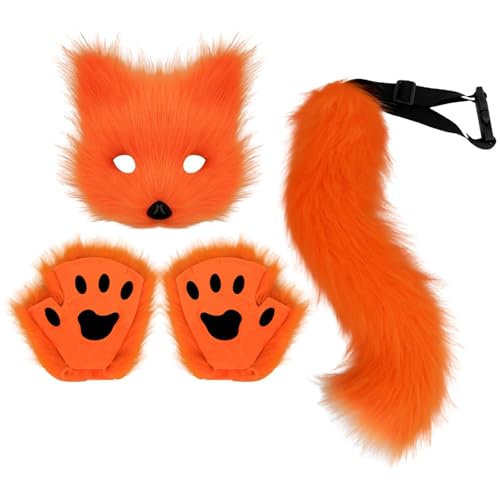 Skeadex Therian Mask mit Tail Handschuhe, 4er Katzenmaske Cosplay Kostüm Set, Tiermasken Furry Mask Set mit Therian Tail, Plüsch Fuchs Maske Therian Masken für Halloween Karneval Cosplay (D) von Skeadex