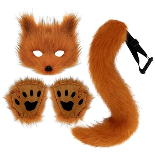 Skeadex Therian Mask mit Tail Handschuhe, 4er Katzenmaske Cosplay Kostüm Set, Tiermasken Furry Mask Set mit Therian Tail, Plüsch Fuchs Maske Therian Masken für Halloween Karneval Cosplay (E) von Skeadex