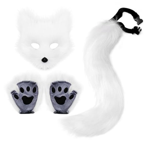 Skeadex Therian Mask mit Tail Handschuhe, 4er Katzenmaske Cosplay Kostüm Set, Tiermasken Furry Mask Set mit Therian Tail, Plüsch Fuchs Maske Therian Masken für Halloween Karneval Cosplay (F) von Skeadex