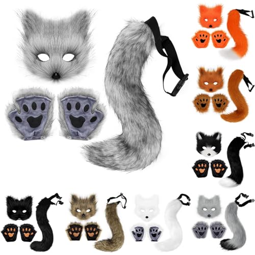 Skeadex Therian Mask mit Tail Handschuhe, 4er Katzenmaske Cosplay Kostüm Set, Tiermasken Furry Mask Set mit Therian Tail, Plüsch Fuchs Maske Therian Masken für Halloween Karneval Cosplay (G) von Skeadex