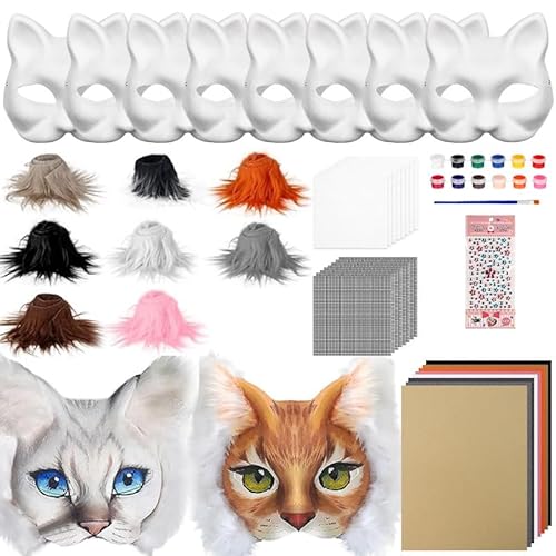 Skeadex Therian Mask zum Bemalen, 34 Stück Papier Therian Masken Kit mit Blanko Katzenmaske Kunstpelz Augennetz Filztuch Aufkleber, Furry Katzenmaske Tiermasken für Halloween Karneval Maskerade (B) von Skeadex