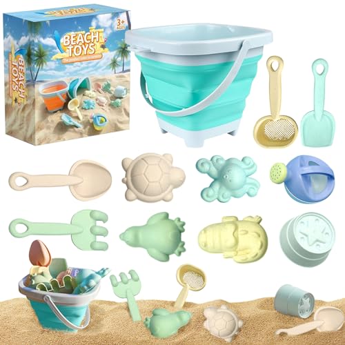 Strandspielzeug für Kinder, 11pcs Sandspielzeug Set enthält zusammenklappbare Sandeimer Schaufel und Sandharke Spielzeug, Sandkasten Spielzeug für ab 1 2 3 Jahre Mädchen Junge (Blau) von Skeadex