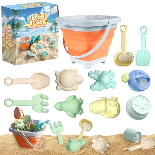 Strandspielzeug für Kinder, 11pcs Sandspielzeug Set enthält zusammenklappbare Sandeimer Schaufel und Sandharke Spielzeug, Sandkasten Spielzeug für ab 1 2 3 Jahre Mädchen Junge (Orange) von Skeadex