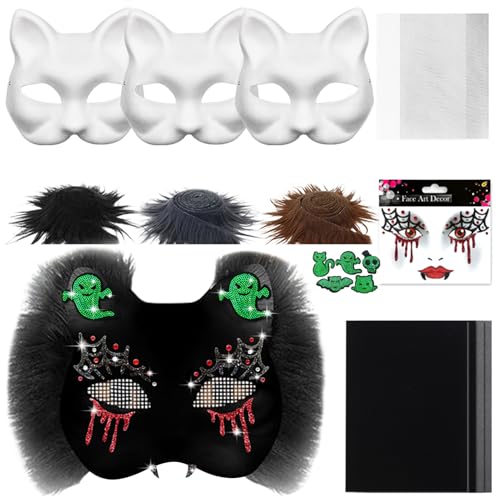 Therian Mask DIY Set,Papier Katzenmaske zum Bemalen,Therian Masken Kit mit Blanko Katzenmaske Kunstpelz Augennetz Aufkleber Filztuch,Furry Tiermasken für Karneval Maskerade Rollenspiel Halloween (A) von Skeadex