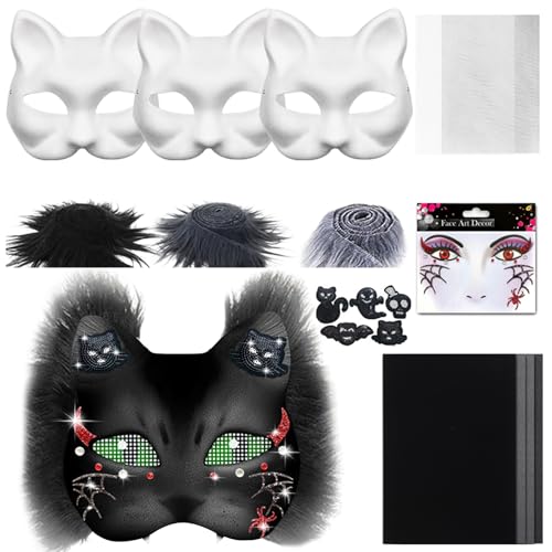 Therian Mask DIY Set,Papier Katzenmaske zum Bemalen,Therian Masken Kit mit Blanko Katzenmaske Kunstpelz Augennetz Aufkleber Filztuch,Furry Tiermasken für Karneval Maskerade Rollenspiel Halloween (B) von Skeadex