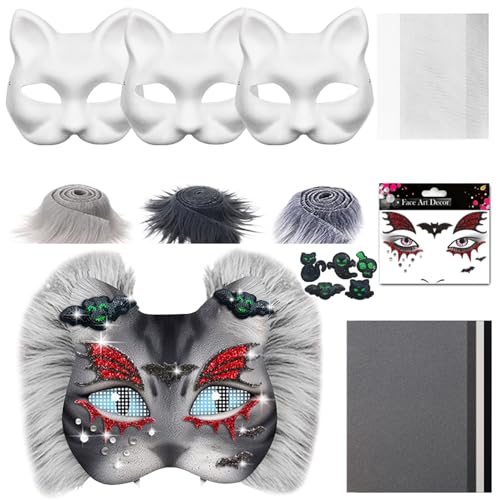 Therian Mask DIY Set,Papier Katzenmaske zum Bemalen,Therian Masken Kit mit Blanko Katzenmaske Kunstpelz Augennetz Aufkleber Filztuch,Furry Tiermasken für Karneval Maskerade Rollenspiel Halloween (C) von Skeadex