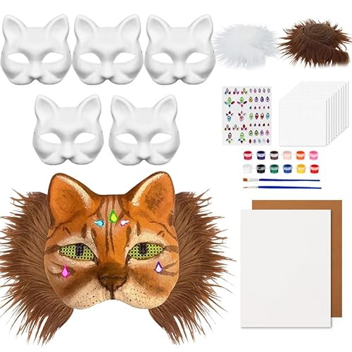 Therian Mask zum Bemalen, 5er Therian Masken Kit mit Blanko Katzenmaske, Kunstpelz, Augennetz, Pigment, Aufkleber und Filztuch, Tiermasken Furry Katzenmaske für Halloween Karneval Maskerade (A) von Skeadex