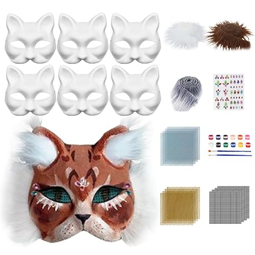 Therian Mask zum Bemalen, 5er Therian Masken Kit mit Blanko Katzenmaske, Kunstpelz, Augennetz, Pigment, Aufkleber und Filztuch, Tiermasken Furry Katzenmaske für Halloween Karneval Maskerade (B) von Skeadex
