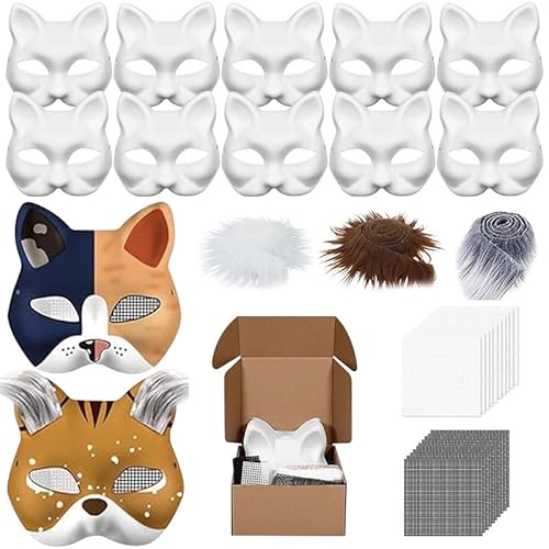 Therian Mask zum Bemalen, 5er Therian Masken Kit mit Blanko Katzenmaske, Kunstpelz, Augennetz, Pigment, Aufkleber und Filztuch, Tiermasken Furry Katzenmaske für Halloween Karneval Maskerade (C) von Skeadex