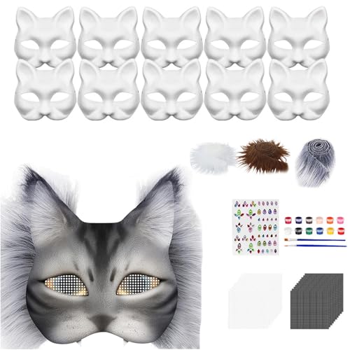 Therian Mask zum Bemalen, 5er Therian Masken Kit mit Blanko Katzenmaske, Kunstpelz, Augennetz, Pigment, Aufkleber und Filztuch, Tiermasken Furry Katzenmaske für Halloween Karneval Maskerade (D) von Skeadex