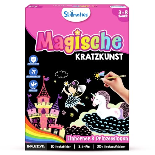 Skillmatics Kratzkunstbuch für Kinder - Einhörner &; Prinzessinnen, Bastelsets und Zubehör, 30+ Kratzaufkleber, Reisespielzeug, Bastelset, Geschenke für Mädchen & Jungen im Alter von 3, 4, 5, 6, 7, 8 von Skillmatics