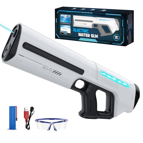 Skirfy Elektrische Wasserpistole für Kinder und Erwachsene, batteriebetriebenes Spritzspielzeug mit Tank, 9 m Reichweite, LED-Licht, automatische Wasseraufnahme, Sommerspiel am Strand im Freien von Skirfy