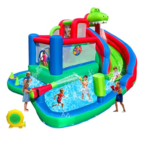 Großes aufblasbares Hüpfhaus mit Wasserrutsche für Kinder, Hüpfburg, Planschbecken, Basketballkorb, Kletterwand, Luftgebläse, Outdoor-Hinterhof-Spaß von SkyGiggles