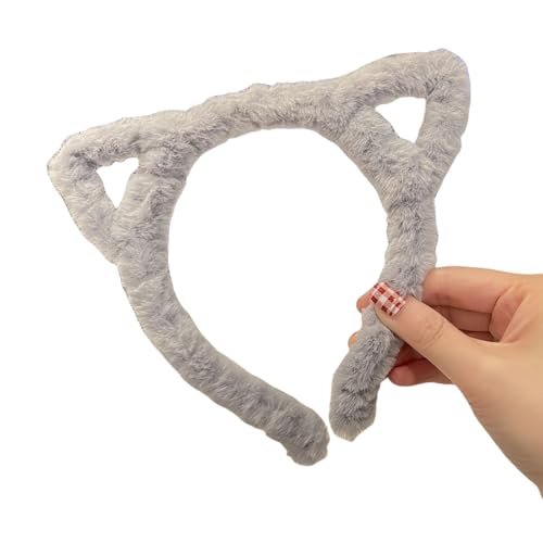 SkyPOOU Haarband mit Katzenohren, Leopardenmuster, pelziger Plüsch, für Halloween, Cosplay, Make-up, Waschen, Gesicht, Bühne, Spiel, Haarreifen, Grau, ca. 55–60 cm von SkyPOOU