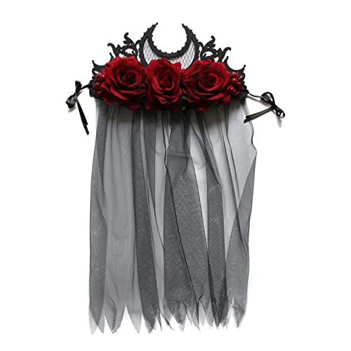 SkyPOOU Haarreif für den Tag des Todes, schwarzer Schleier, Kopfbedeckung, Halloween-Haarschmuck, Rot und Schwarz von SkyPOOU