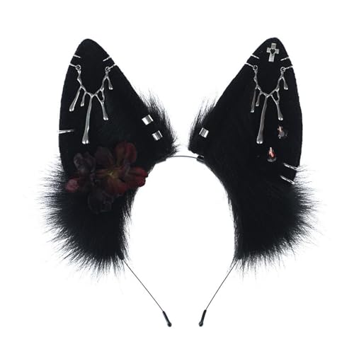 SkyPOOU Modischer Plüsch-Stirnband mit Wolfsohren, Haarschmuck, Kopfbedeckung für Cosplay und Motto-Partys mit realistischen Designs, Schwarz von SkyPOOU