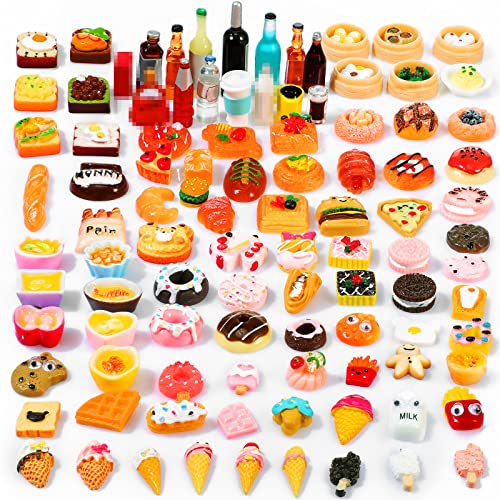 Skylety 100 Stück Küchenspielzeug für Kinder Miniatur Lebensmittel Mini Food Spielzeug mit Hamburger Rollenspiel Geschenk Lernspielzeug Gemischte Harz Lebensmittel für Kinder Jungen Mädchen von Skylety