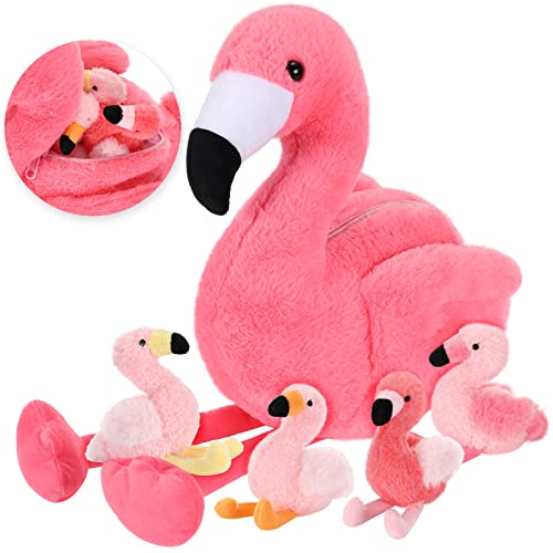 Skylety 18 Zoll Plüsch Pfau Kuscheltier Bauchtrage mit 4 Klein in Seinem Bauch mit Reißverschluss Plüschtier Tiere für Geburtstag Geschenke Zoo Party Deko (Flamingo) von Skylety