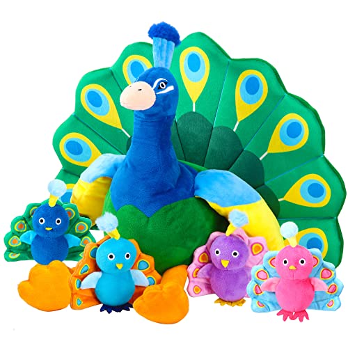 Skylety 18 Zoll Plüsch Pfau Kuscheltier Bauchtrage mit 4 Klein Plüsch Pfauen in Seinem Bauch mit Reißverschluss Pfau Plüschtier Tiere für Geburtstag Geschenke Zoo Party Deko (Pfau) von Skylety