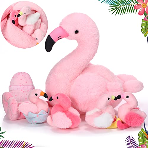 20 Zoll Plüsch Flamingo Stofftier Mami Flamingo mit 4 Baby Flamingo und 1 Flamingo Ei Inneren mit Reißverschluss Bauch Rosa Flamingo Spielzeug für Weihnachten Valentinstag Gastgeschenke von Skylety