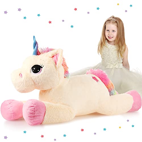 32 Zoll Plüsch Riesen Einhorn Spielzeug Beige Einhorn Kuscheltier Süß Übergroßes Plüsch Kissen Weich Groß Puppe für Einhorn Mädchen Geburtstag Dekoration von Skylety