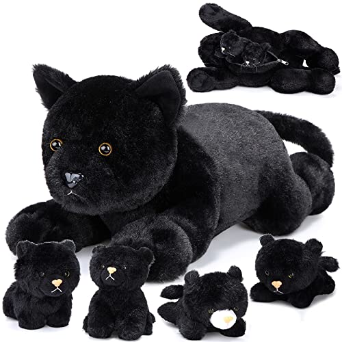 Skylety 5 Stück Plüsch Katzen Set Enthält Groß Katze Stofftier Weich Kuscheltier mit 4 Flauschig Plüschtier Kätzchen im Bauch Mama Katze zum Kuschel Schlaf Geburtstag Geschenk (Schwarz) von Skylety