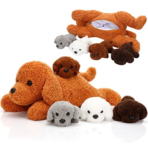 5 Stück Welpen Kuscheltiere Mama Hundebauch mit 4 Niedlichen Plüschtier Hunde Spielzeug Kissen Weich und Kuschelig Stofftiere Welpen Sortiment für Geburtstag (Teddy) von Skylety