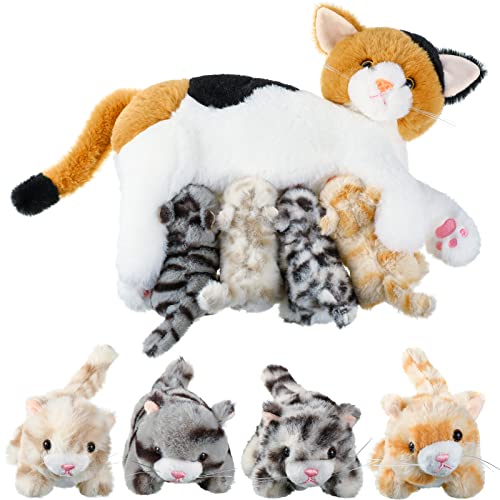 Pflegendes Katze Stofftier mit Plüsch Kätzchen Baby Kuscheltier für Mädchen und Jungen Plushie Kätzchen Mama Katze Plueschtier mit 4 Baby Kuschelkatze für Geburtstag Spielzeug von Skylety