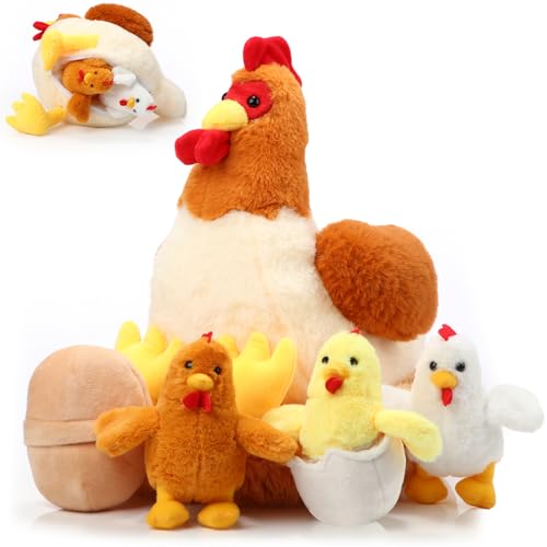 Skylety 25 cm Plüsch Ei Huhn mit Bauch mit Reißverschluss Hühnernest und Klein Baby Küken Stofftier mit Ei Gefüllt Huhn Plüschtier für Ostern Füllung Party Dekoration (Niedlicher Stil) von Skylety