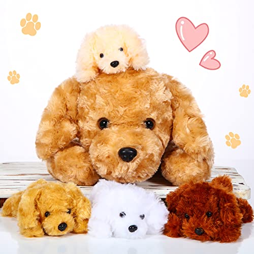 Skylety 5 Stück Hunde Kuscheltiere für Kinder 1 Große Hundemama mit 4 Mini Hundebabys Niedliches Weiches Plüsch Welpen Kuscheltiere Geschenk für Geburtstag Weihnachten Kindertag (Golden Retriever) von Skylety