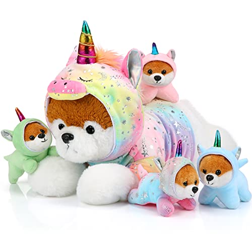 Skylety 5 Stück Hunde Stofftiere Welpen Kuscheltiere 1 Große Plüsch Mama Hund mit 4 Mini Baby Hunden Süßer Plüschhund mit Welpen Geschenk für Geburtstag Weihnachten Kindertag Party (Einhorn Welpen) von Skylety