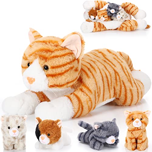 Skylety 5 Stück Plüsch Katzen Set Enthält Groß Katze Stofftier Weich Kuscheltier mit 4 Flauschig Plüschtier Kätzchen im Bauch Mama Katze zum Kuschel Schlaf Geburtstag Geschenk (Orange) von Skylety