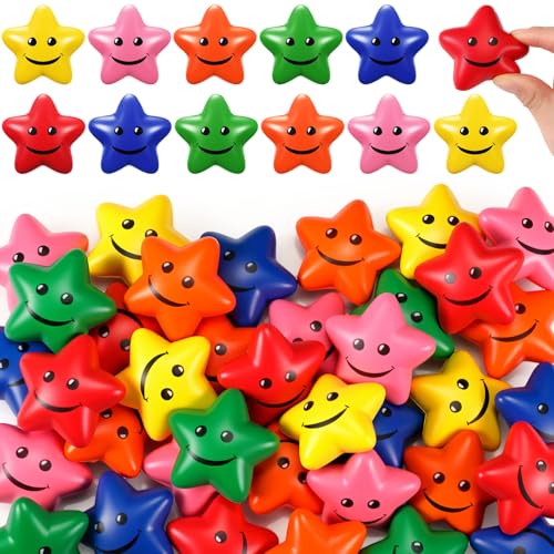 Skylety 60 Stück Stern Lächeln Gesicht Stressbälle 5,2 cm lustige Stern Anti Stress Bälle Mini Sternform Stressball für Erwachsene zum Stressabbau Handübungen Geschenktüten Füllen von Skylety