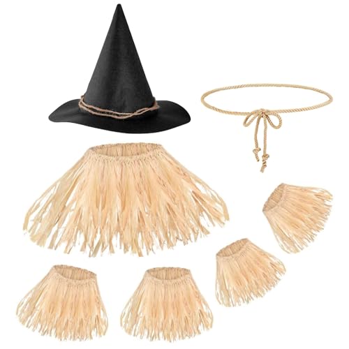 Skylety 8-teiliges Halloween-Kostüm-Set für Herren, Vogelscheuche mit langärmeligem Hemd, Hut, Stirnband, Halsteil, Handgelenk, Beinbändern für Erwachsene, Größe XL von Skylety