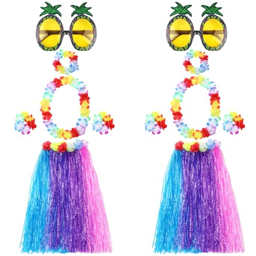 Skylety Hawaiianischer Hula-Grasrock mit Ananas-Sonnenbrille, Blumenzubehör, 60 cm, 2 Sets (rosa, lila, blaue Röcke) von Skylety