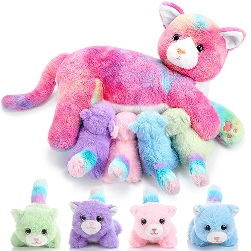 Skylety Pflegendes Katze Stofftier Mit Plüsch Kätzchen Kuscheltier Plushie Kätzchen Mama Katze Plueschtier mit 4 Baby Kuschelkatze für Geburtstag Spielzeug(Neuheit Stil) von Skylety