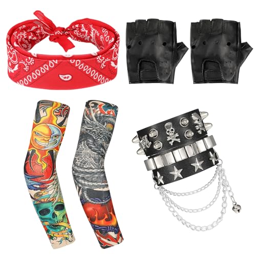 Skylety Punk Gothic Rocker Kit 70er 80er 90er Jahre Schwermetall Rock Kostüm mit Retro Rot Punk Bandanas Schwarze Handschuhe Gefälschte Tattoo Ärmel Schwarzes Kunstlederarmband für Männer Frauen von Skylety