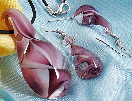 Skyllc® Set Wasser Tropfen Form Spirale Murano Lampwork Glaskorn Anhänger Halskette Ohrringe Lila von Skyllc