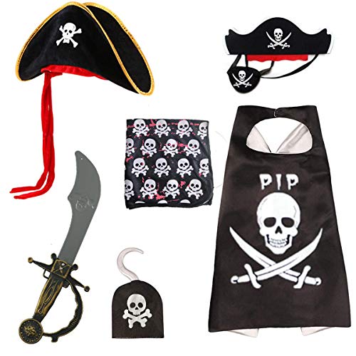 Skyllc Halloween Piraten Kostüm Set 6 Stück, Piratenumhang, Tricorn Hut, Piraten Augenklappe, Captain Hook, Cutlass Schwert, Piraten Bandana, Piraten Zubehör Kit, Ideal für Party von Skyllc