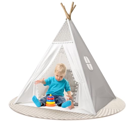 Sleeleece Kinder Tipi Zelt,Tipi Kinderzelt,Klassisches indisches Spielzelt für Kinder,Spielzelt aus Polyester [weiß] & Holz,drinnen & draußen Spielzimmer Babyzimmer Deko für Kleinkinder von Sleeleece