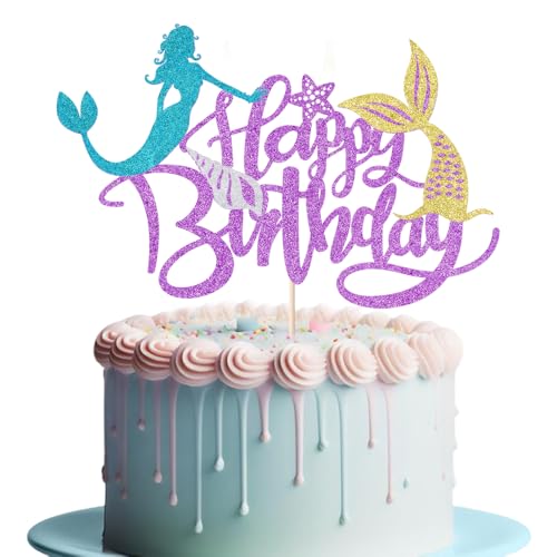 Sleyberoy Meerjungfrauen-Kuchenaufsatz "Happy Brithday" – unter dem Meer Thema/Ozeanwelt, Meerjungfrauen-Party, Babyparty, Geschlechtsoffenbarung, Geburtstagsparty-Dekoration für Jungen und Mädchen von Sleyberoy