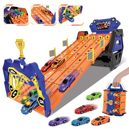 SliBoeyX 5-Spur-Transport-LKW-Spielzeug, Portable Race Truck mit 5 Rennwagen und Aufbewahrungseimer, für Jungen und Mädchen im Alter von 3–8 Jahren von SliBoeyX