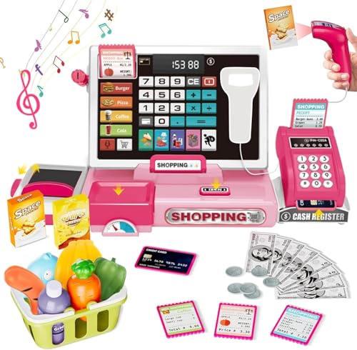 SliBoeyX Registrierkassen-Spielset-Spielzeug für Kinder, echter Taschenrechner, Spielladen mit Musik, Scanner, Spielgeld, Lebensmitteln, Mikrofon, Lernspielzeug-Spielset für Vorschulkinder, Geschenk f von SliBoeyX