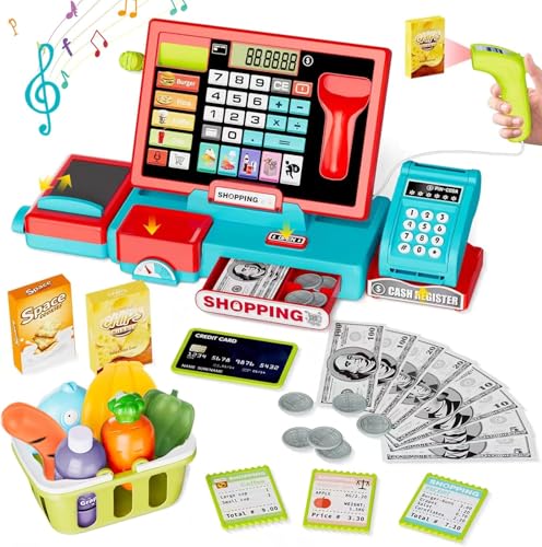 SliBoeyX Spielzeug-Kassen-Set für Kinder, mit echter Rechner-Funktion, Kaufladen-Rollenspiel mit Musik, Scanner, Spielgeld, Lebensmitteln, Vorschul-Lernspielzeug Geschenk (Blau Rot) von SliBoeyX