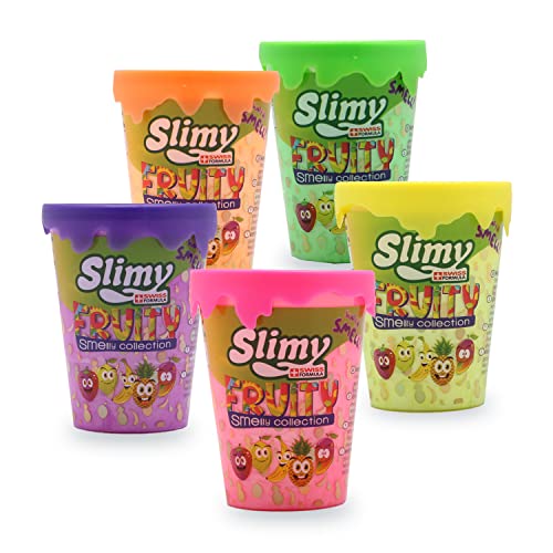 SLIMY Fruity Original Becher Obstsalat 5x80g - der fruchtigste Slimy Slime unter den Spielmassen, natürlich sicher, fruchtig duftender Schleim Spielspaß, elastische Spielknete (Spielzeug ab 3 Jahre) von Slimy
