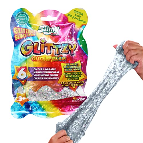 SLIMY Glittzy 90g in Silber - Original Slimy Slime Spielmasse für Kinder – glitzernster Schleim Aller Zeiten - extra viel Glitter für tolle Farbeffekte, elastische Spielknete (Spielzeug ab 3 Jahre) von Slimy