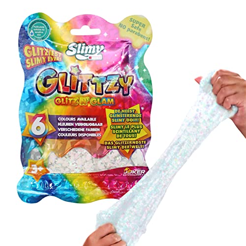 SLIMY Glittzy 90g in Weiß - Original Slimy Slime Spielmasse für Kinder – glitzernster Schleim Aller Zeiten - extra viel Glitter für tolle Farbeffekte, elastische Spielknete (Spielzeug ab 3 Jahre) von Slimy