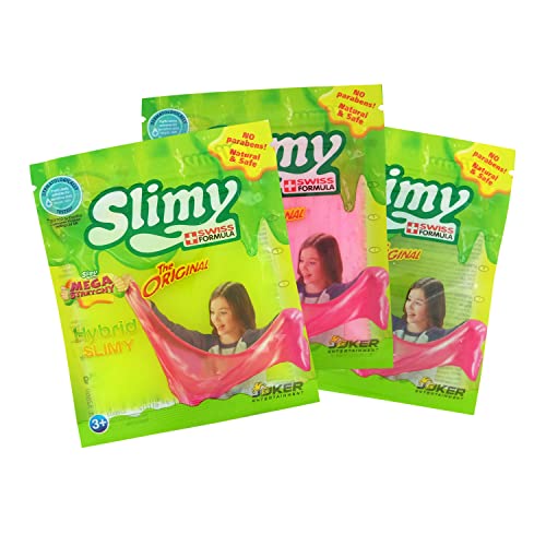 SLIMY Original, Mega & Hybrid Dreierpack - 3 x 45g Spielmasse im Zip-Bag - dreifacher Schleim Spielspaß für Kinder, elastische Slime Spielknete (Spielzeug ab 3 Jahre) von Slimy